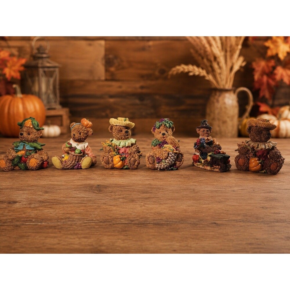 Set of 6 Fall Harvest Teddy Bear Resin Figurines Thanksgiving Autumn Décor 3"-5"